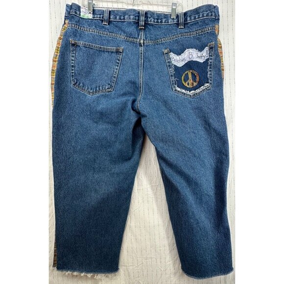 The Scrappy Camper Women Jeans Sz XXL Upcycled Patchwork Boho Festival Peace Out - Picture 8 of 16